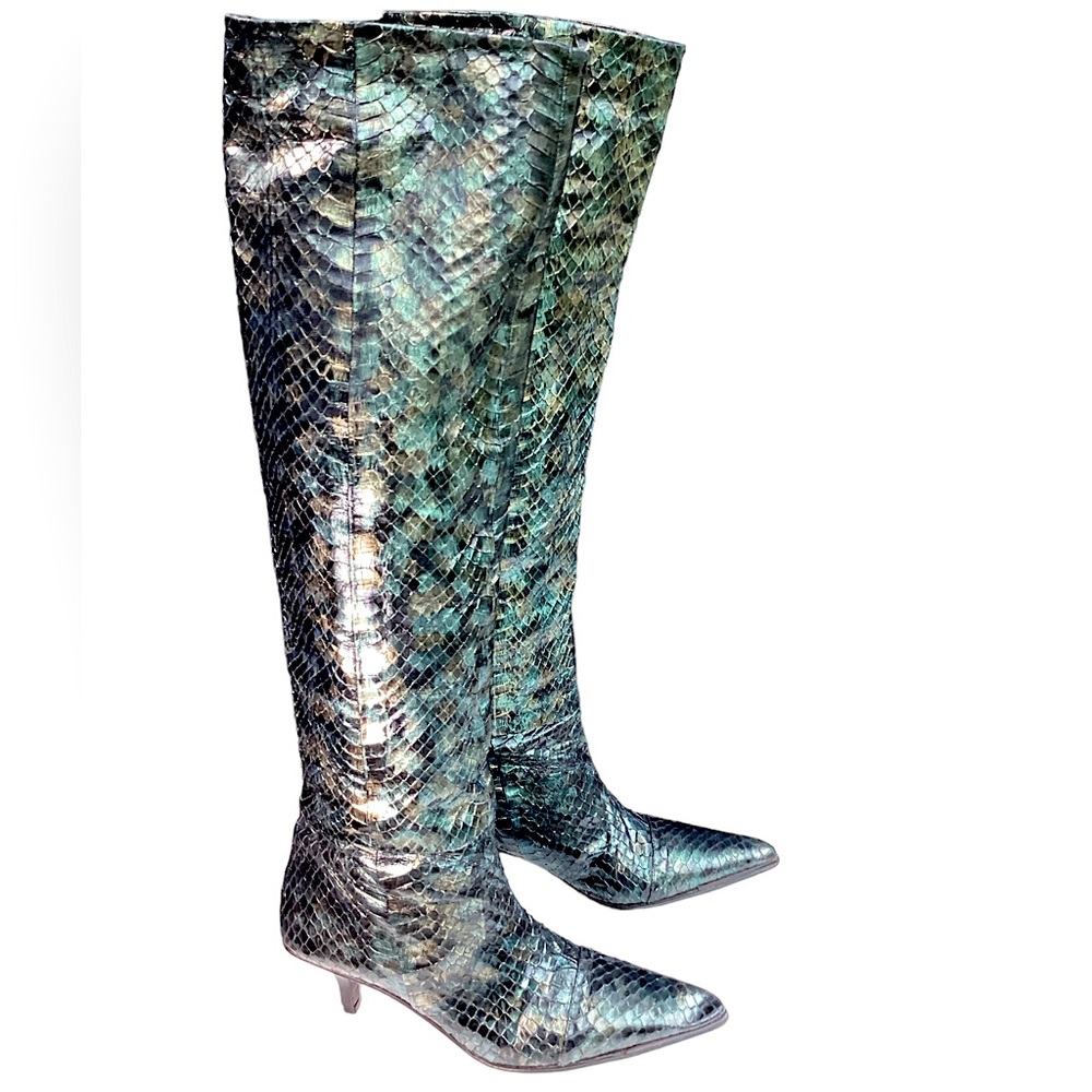 Gucci Metallic Teal Over-the-Knee Snakeskin Boots